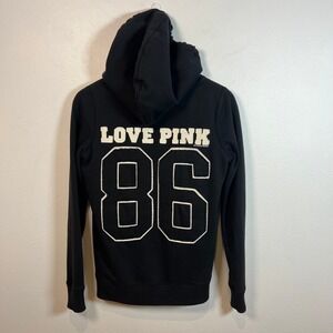 Victoria's Secret VTG Y2K Zip Up Hoodie XS Black PInk 86 Embroidered Fur Lined